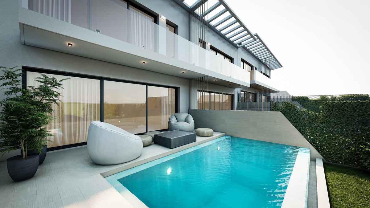 Rendered project visualisation of LA CALA VALLEY with a swimming pool on the terrace, large sliding glass doors, outdoor seating and a planted fence.