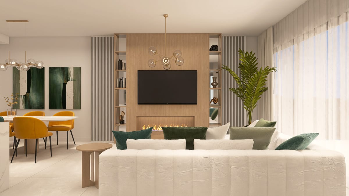 Rendered project visualisation of LA CALA VALLEY with a white sofa, wooden wall panelling with an integrated television and fireplace, and a dining area with ochre-yellow chairs.