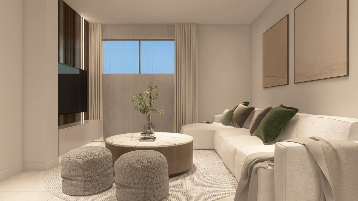 Rendered project visualisation of LA CALA VALLEY with a white sofa, round coffee table with a marble-effect top, two grey pouffes and a wall-mounted television.
