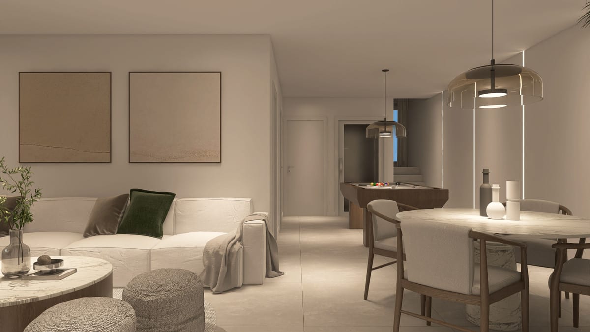 Rendered project visualisation of LA CALA VALLEY with a white sofa, round coffee table, dining table with chairs, pendant lights and a pool table in the background.