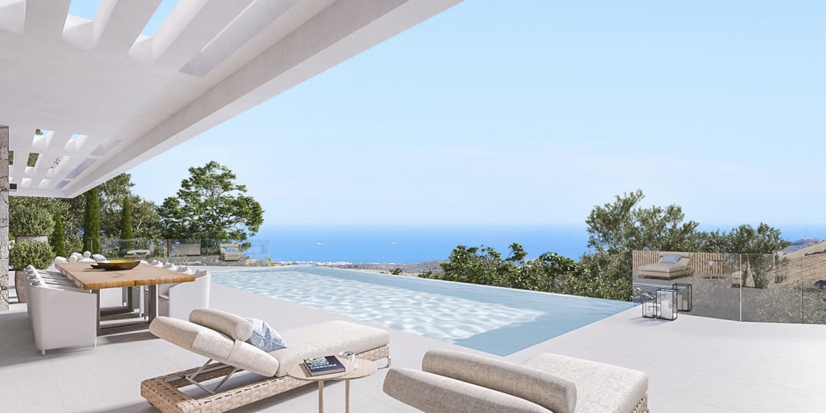Visualisation of a pool terrace with sun loungers, a dining table and the sea on the horizon.