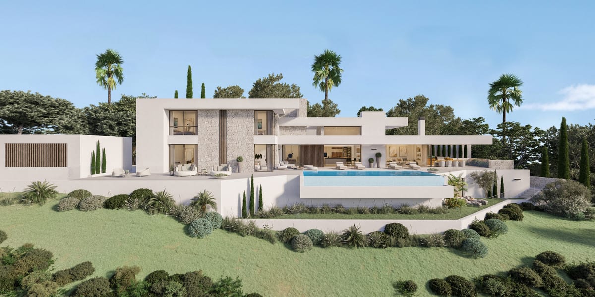 Exterior visualisation of the villa with a swimming pool, terraces and landscaped grounds.