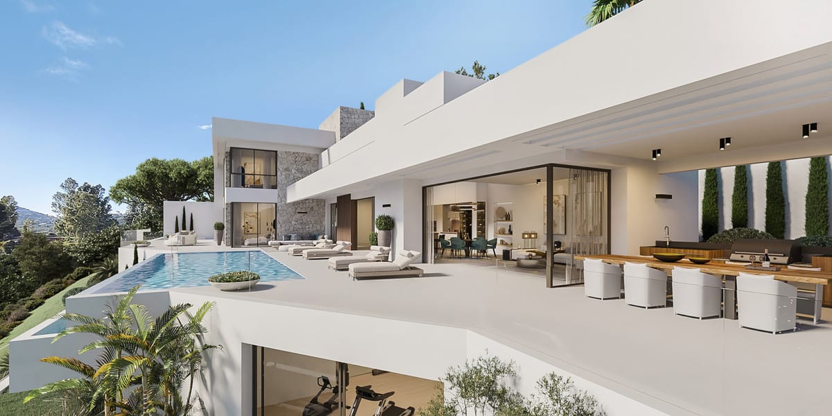 Visualisation of a pool terrace with outdoor seating, a dining area and an outdoor kitchen under an overhang.