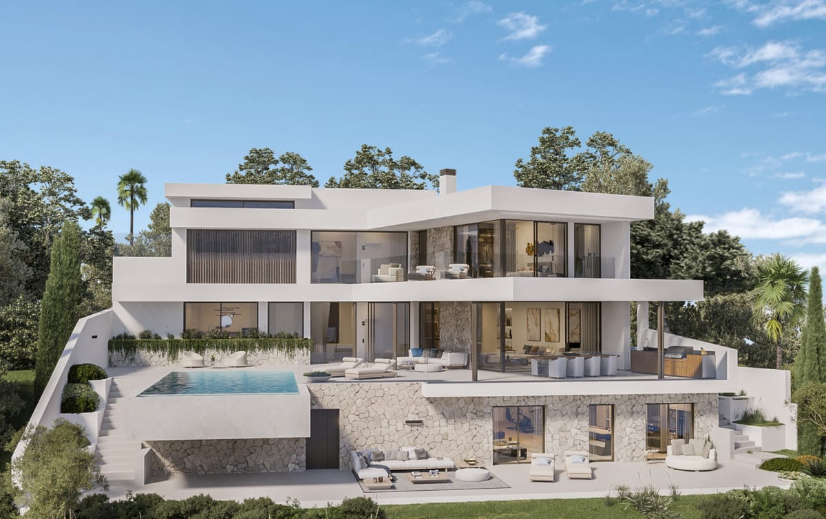 Exterior visualisation of the villa with terraces on several levels, a swimming pool and outdoor seating.