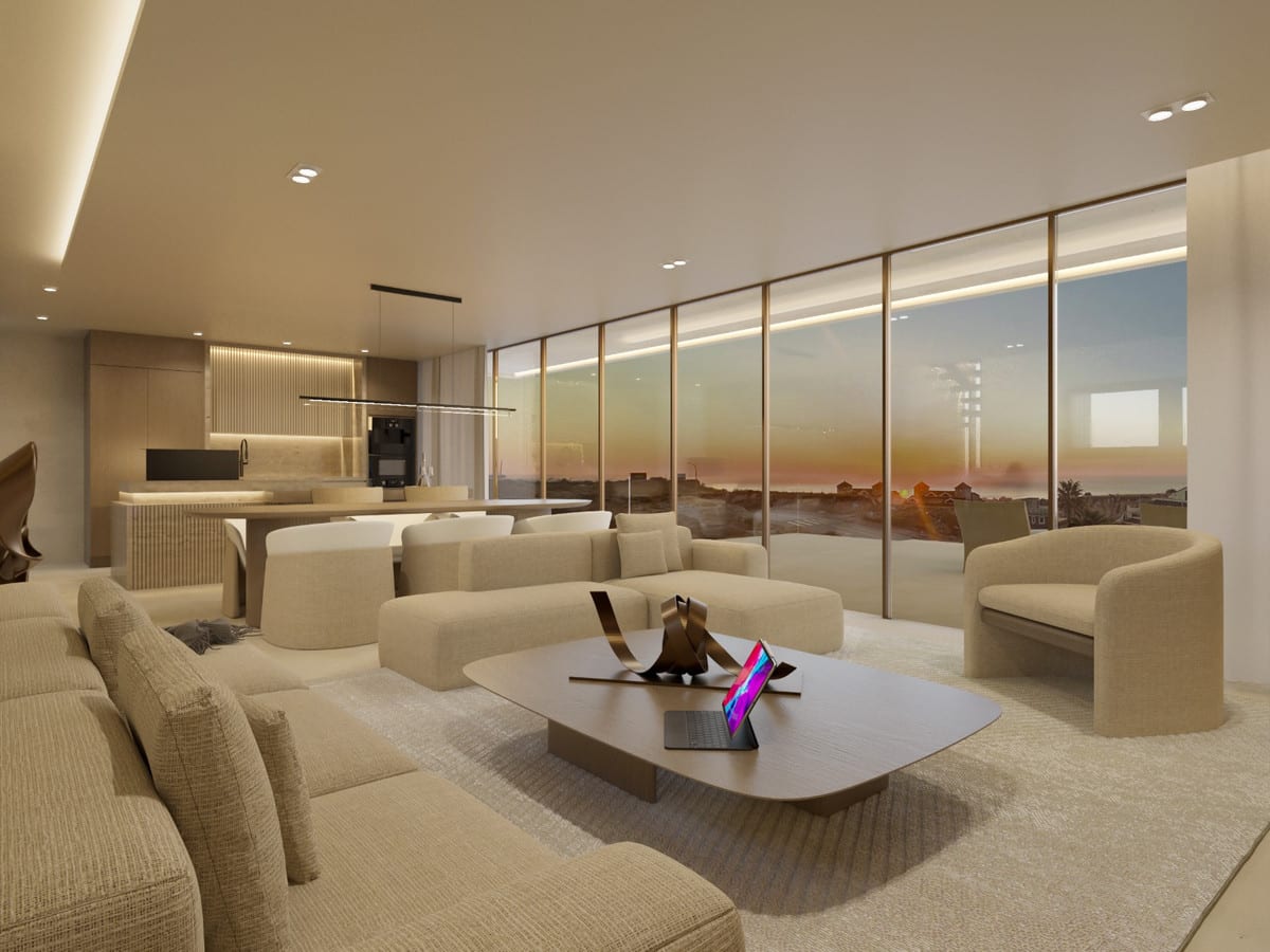 Evening visualisation of the living area with broad glazing and an open kitchen.