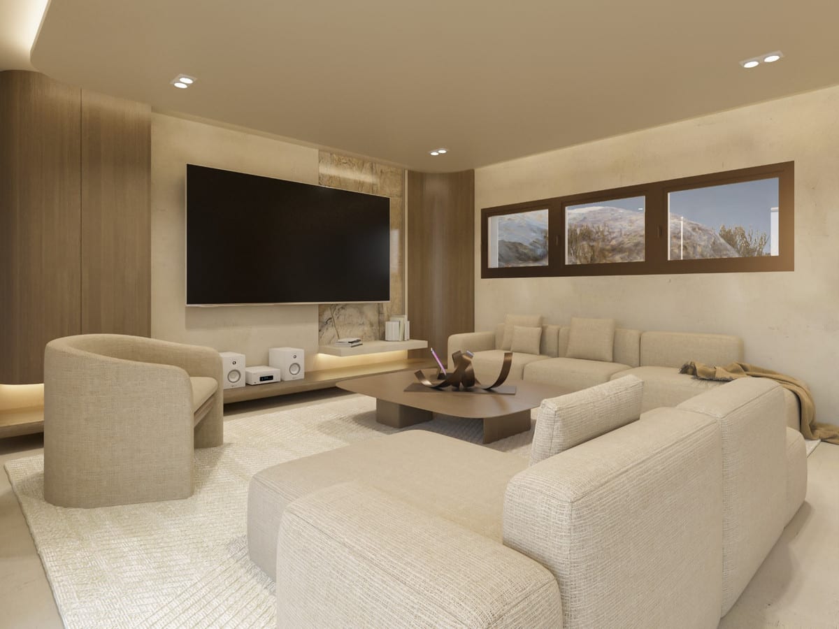 Visualisation of a seating area with light sofas and a large wall-mounted television.