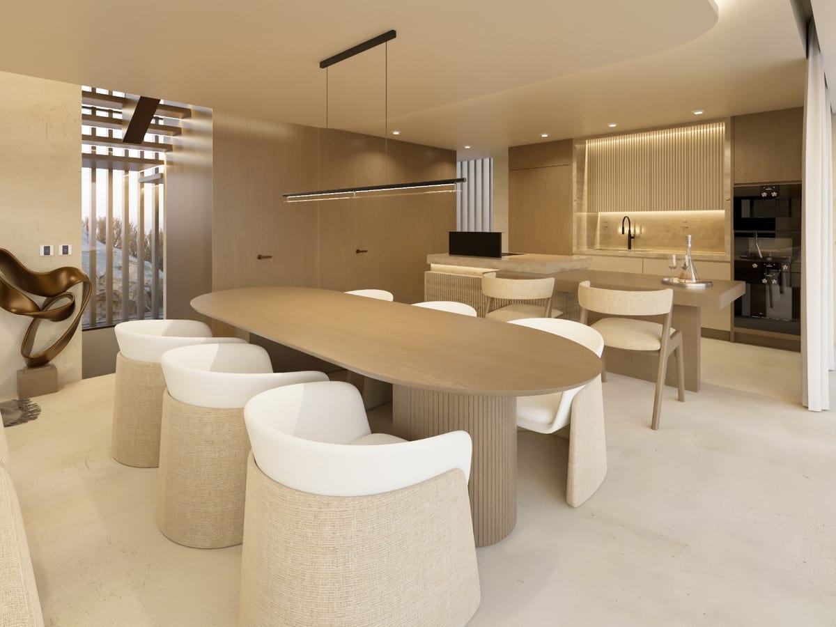 Visualisation of the dining area with an oval table and open kitchen behind it.