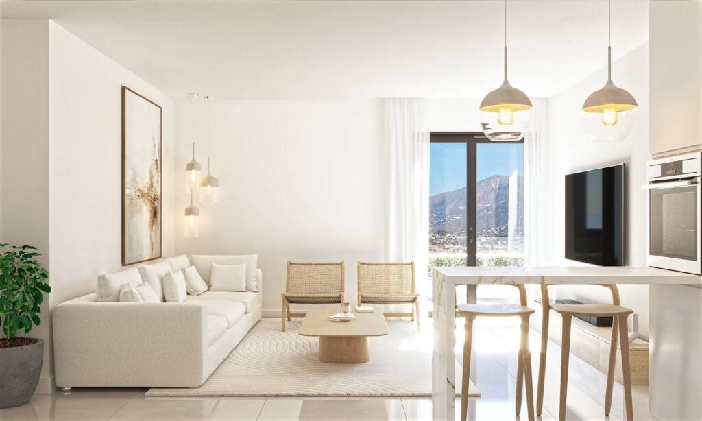 Gerenderte Innenraumvisualisierung von LAGUNA NOVA mit weißem Sofa, Rattansesseln, Holzcouchtisch, Küchenbar mit Barhockern, Pendelleuchten und großer Glasschiebetür.