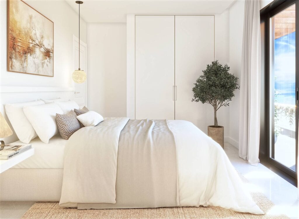 Gerenderte Schlafzimmervisualisierung von LAGUNA NOVA mit Doppelbett, eingebautem weißen Kleiderschrank, Pendelleuchte, Wandbild und Glasschiebetür.
