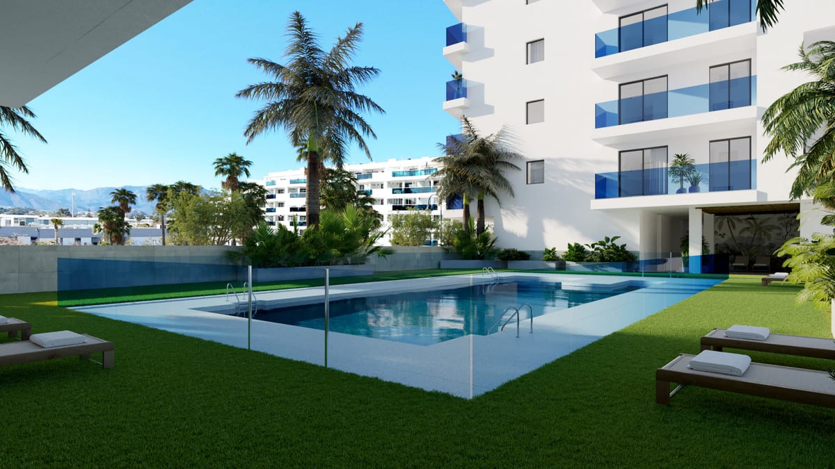 Rendered visualisation of LAGUNA ONE with a rectangular swimming pool, glass fencing, sun loungers, grass and palm trees.