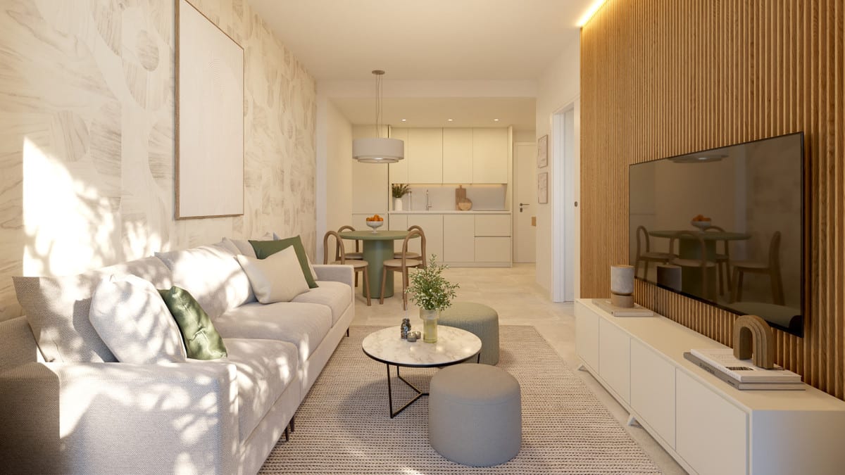 Rendered interior visualisation of LAGUNA ONE with a living room, light-grey sofa, round coffee table, wooden slatted feature wall, television, dining area and open-plan kitchen.