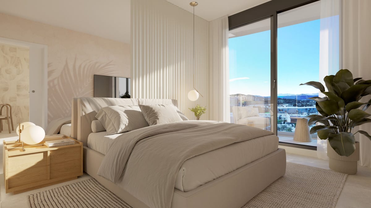Rendered bedroom visualisation of LAGUNA ONE with a double bed, wooden bedside table, large plant, sliding glass door and terrace.