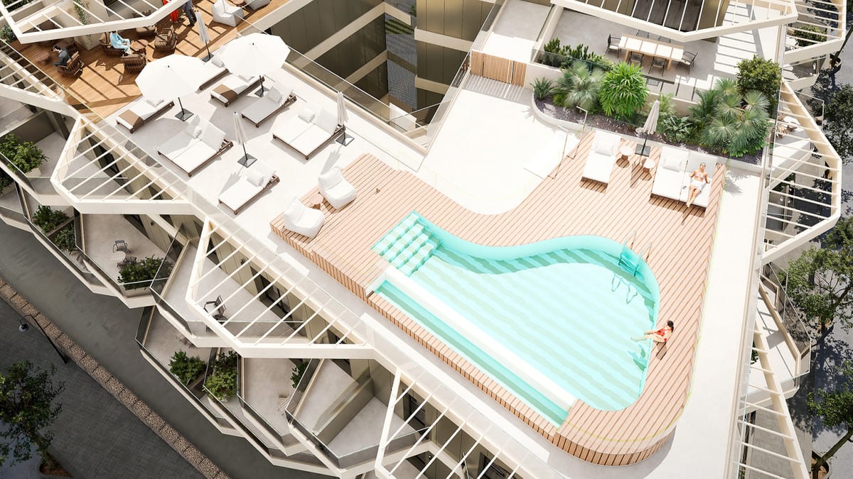 Project visualisation of LAKÜN from a bird’s-eye view, with an organically shaped swimming pool surrounded by a wooden deck, sun loungers, parasols and landscaped surrounding terraces.