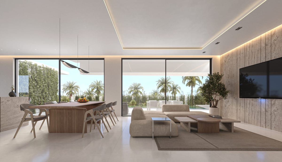 Project visualisation of LANTANA’s open living and dining space, finished with wood, travertine-style wall cladding and soft beige tones.