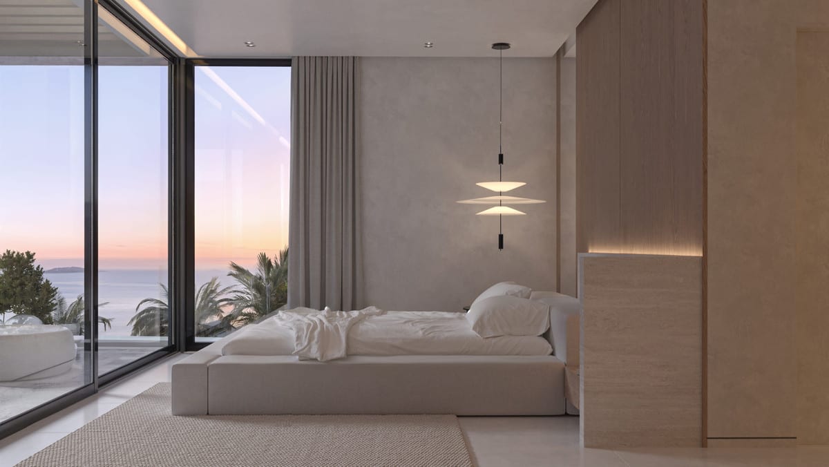 Project visualisation of a calm LANTANA bedroom with warm timber wall panels, atmospheric pendant lights and a full-height glass opening.