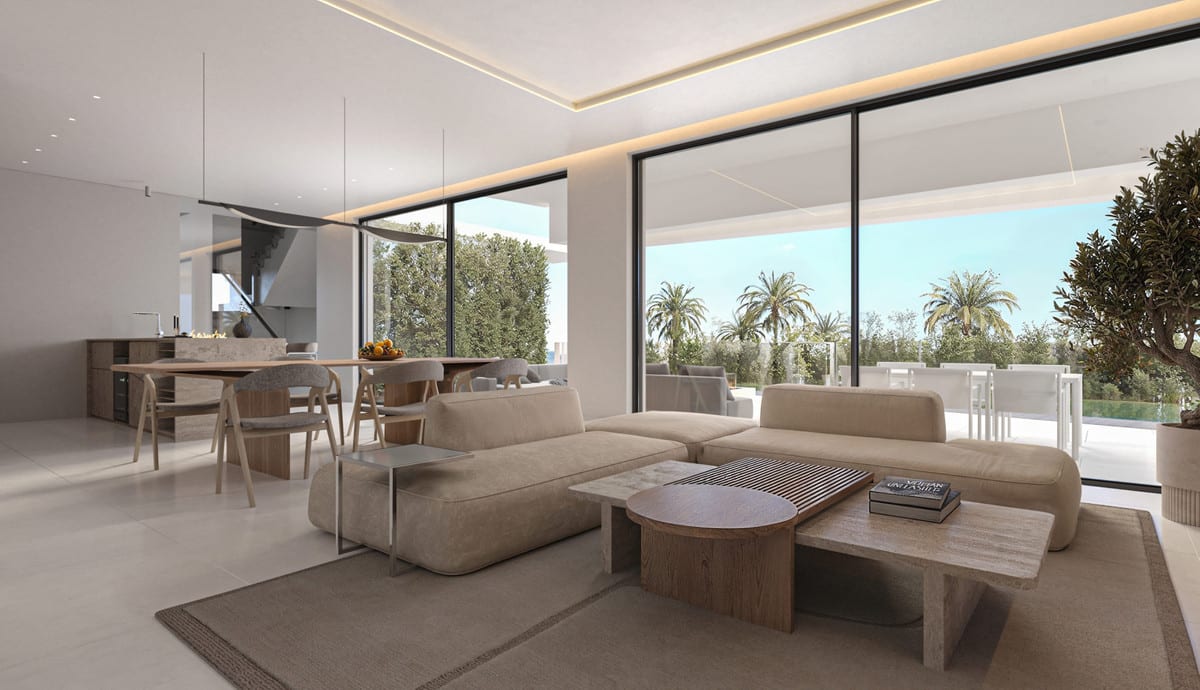 Project visualisation of LANTANA’s spacious living area where lounge, dining space and outdoor terrace flow together.