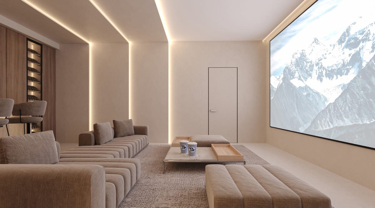 Project visualisation of an atmospheric LANTANA cinema room with a large screen, wide sofas and subtle indirect line lighting.