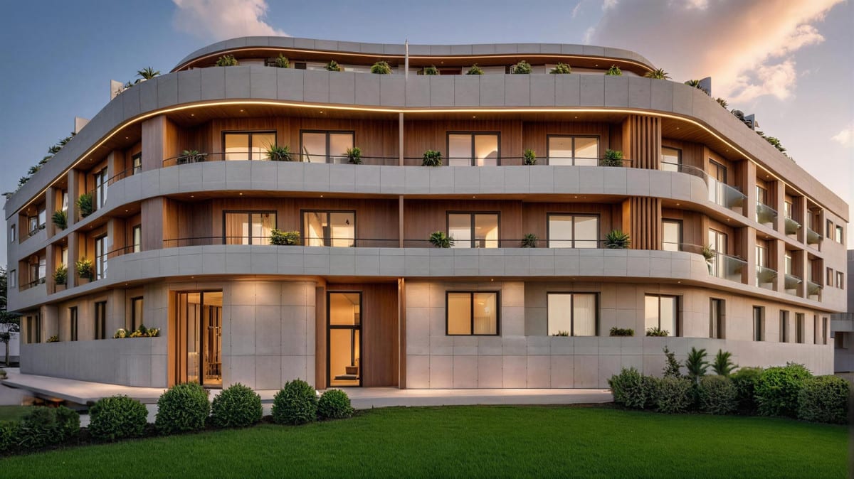Project visualisation of LANTANA RESIDENCIAL BOUTIQUE featuring a curved façade in a light stone colour, wooden wall panels, balconies with dark metal railings, and planting on the balconies and around the building.