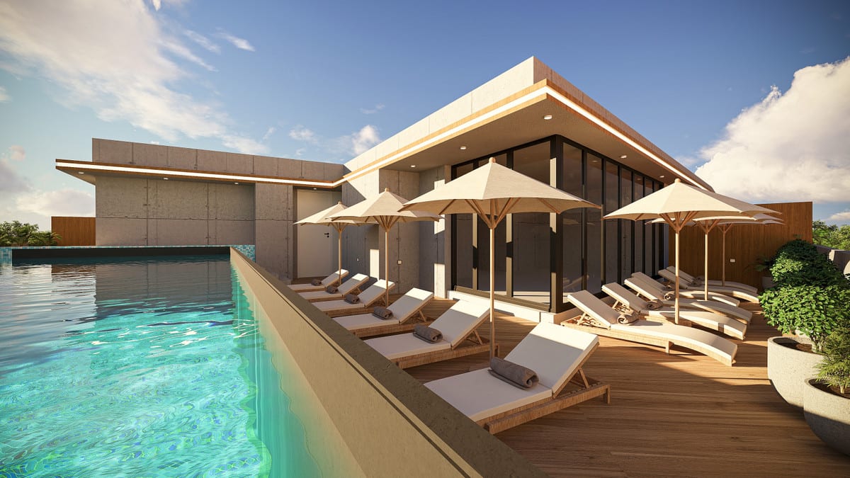 Project visualisation of LANTANA RESIDENCIAL BOUTIQUE featuring a swimming pool, wooden decking, rows of sun loungers with white cushions, beige parasols on wooden frames and a large glass façade in the background.