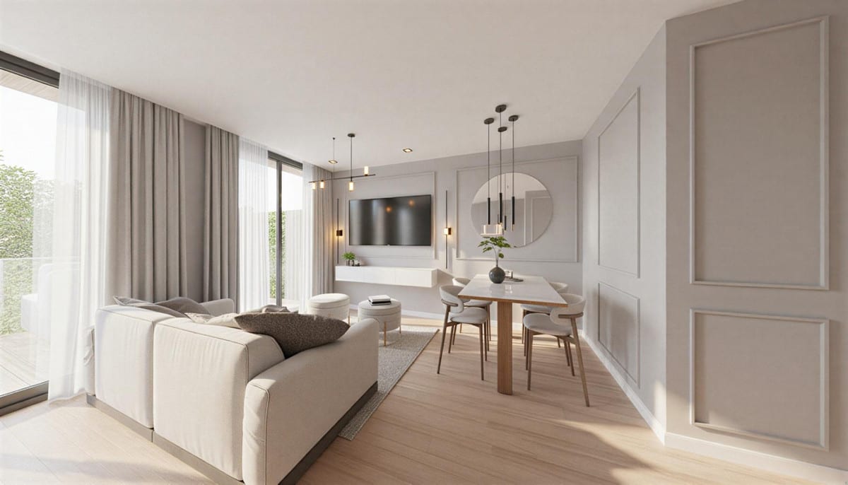 Project visualisation of LANTANA RESIDENCIAL BOUTIQUE featuring a living and dining area, a beige sofa, light wooden flooring, wall-mounted TV, dining table with chairs, round mirror and a large window with full-length curtains.