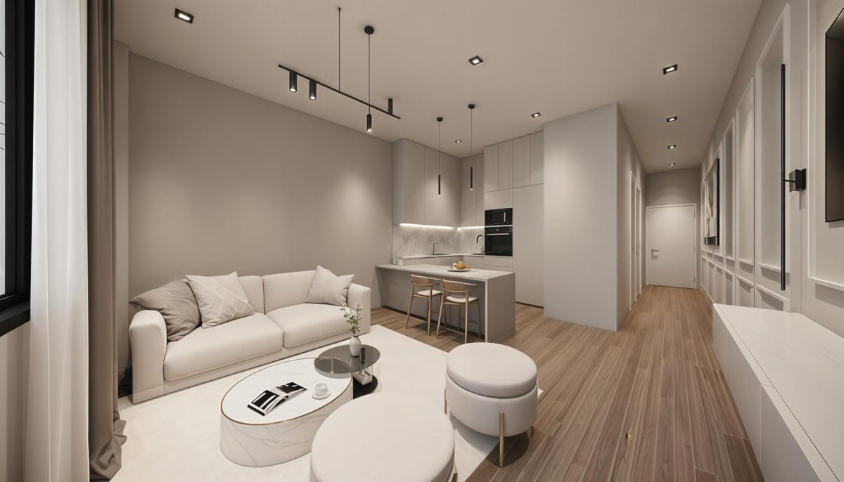 Project visualisation of LANTANA RESIDENCIAL BOUTIQUE featuring a seating area with a light-coloured sofa, an open kitchen with a marble-look worktop and two bar stools, surface-mounted spotlights and pendant lighting, with an adjoining hallway.