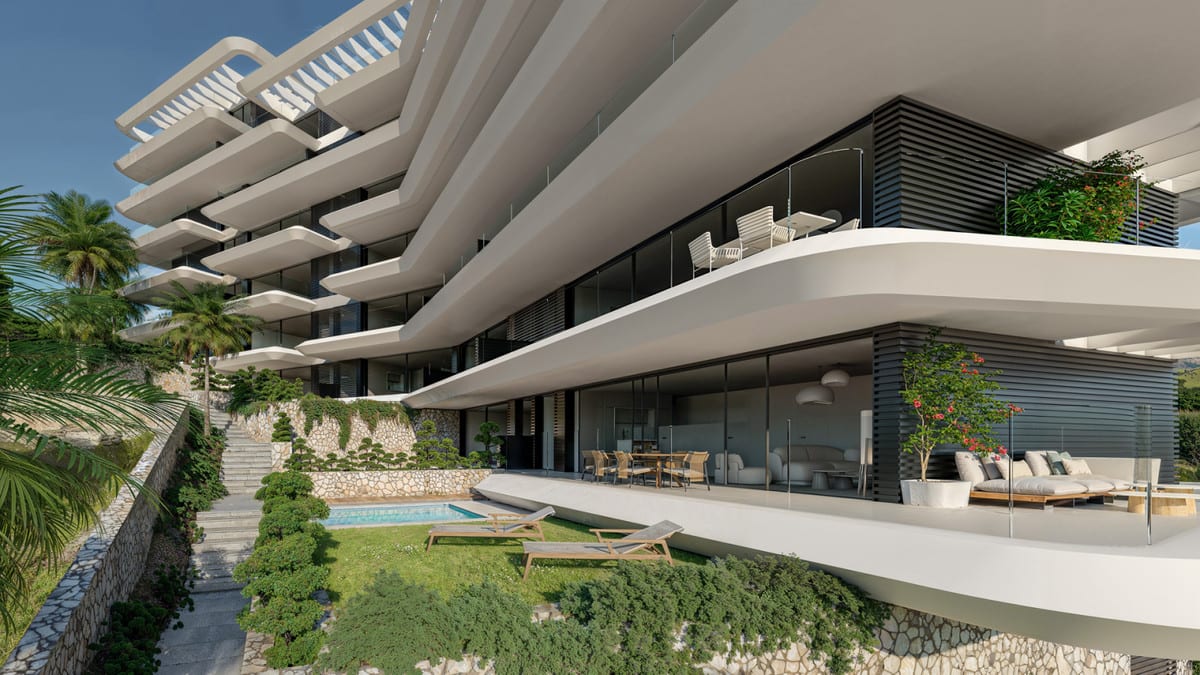 Project visualisation of LAS MESAS BLUE HORIZON featuring a ground-floor terrace, large sliding glass doors, a small rectangular swimming pool, sun loungers, lounge furniture and lush planting alongside natural-stone walls.