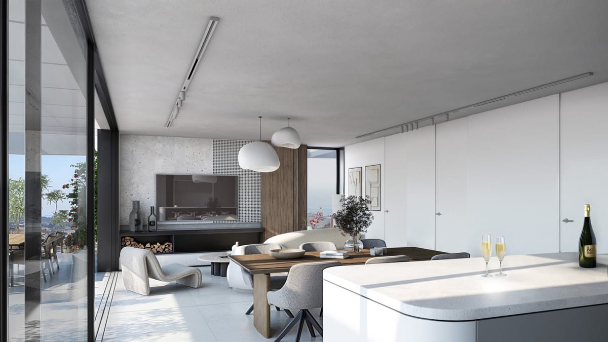 Project visualisation of LAS MESAS BLUE HORIZON featuring an open-plan living area, a white kitchen island in the foreground, a wooden dining table with grey chairs, a curved sofa, a TV wall unit with wooden panels and sliding glass doors opening onto the terrace.