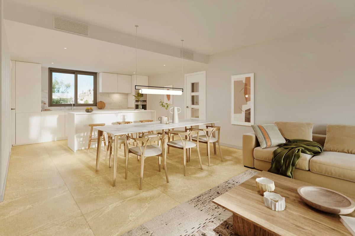 Project visualisation of LAS MESAS COLLECTION featuring an open-plan kitchen, white kitchen island, light dining table with wooden chairs and an adjoining living area.