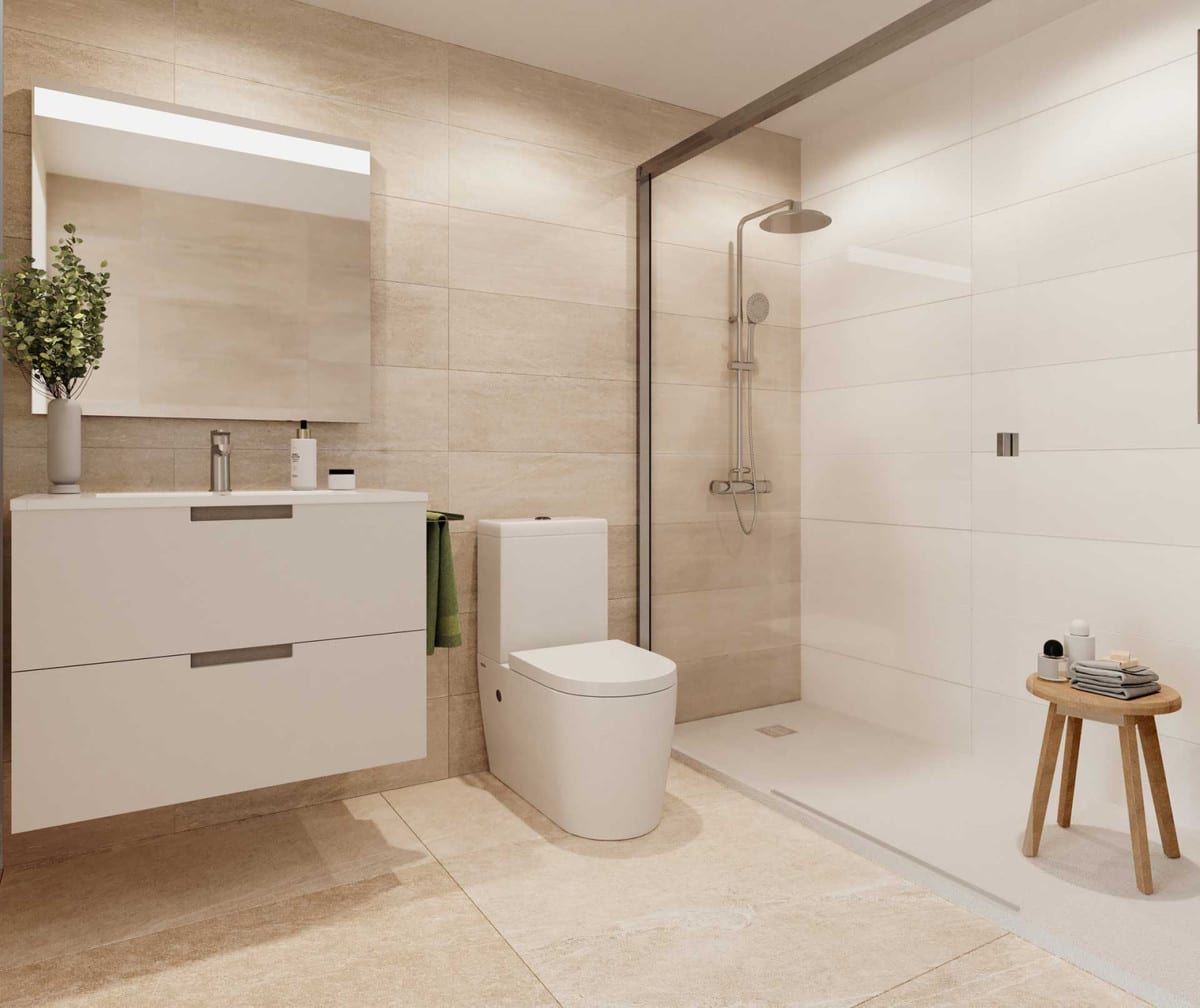 Project visualisation of LAS MESAS COLLECTION featuring a bathroom with a shower, glass shower screen, white wall-mounted vanity unit, toilet and beige wall tiles.
