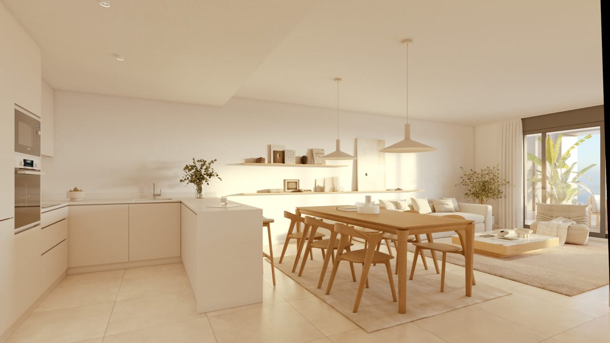 Project visualisation of LAS MESAS INFINITY HOMES featuring an open-plan kitchen with an L-shaped worktop, wooden dining table and living room by sliding glass doors.