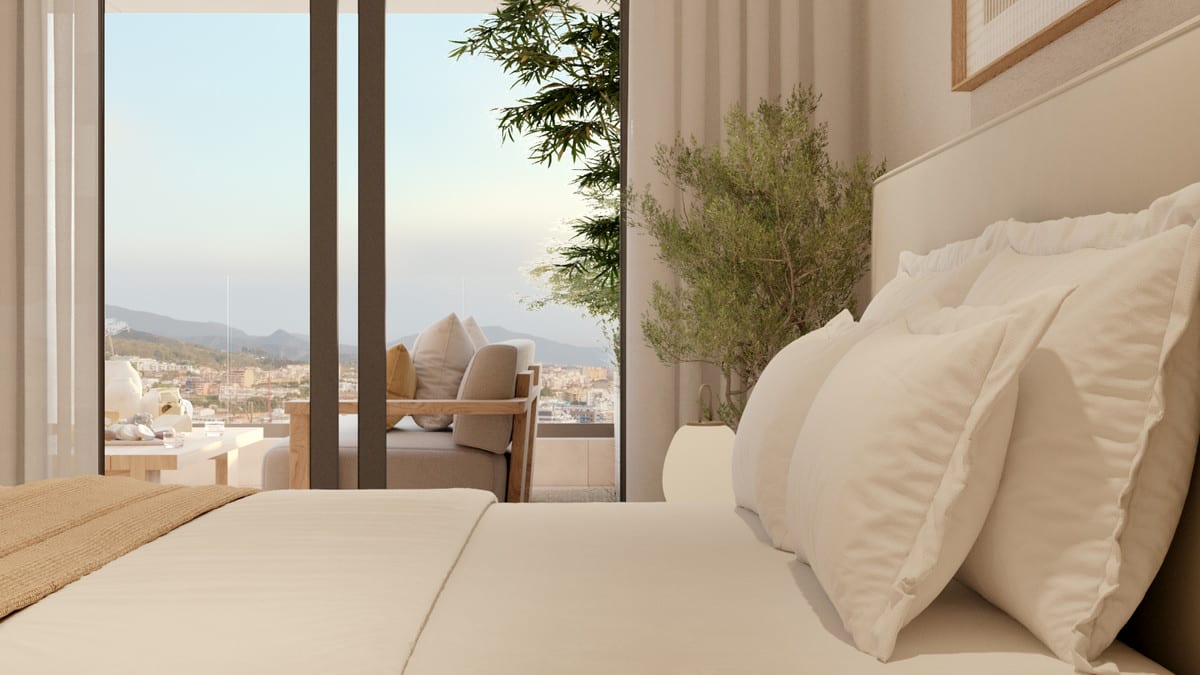 Project visualisation of LAS MESAS INFINITY HOMES featuring a bedroom, large sliding glass doors, plants and a furnished terrace with seating in the background.