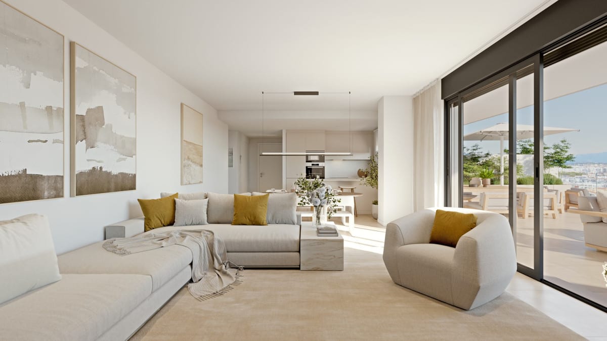 Project visualisation of LAS MESAS SEA SUITE with a bright living room, a large light-coloured sofa with ochre cushions, a round armchair, two abstract paintings on the wall and sliding glass doors to the terrace.