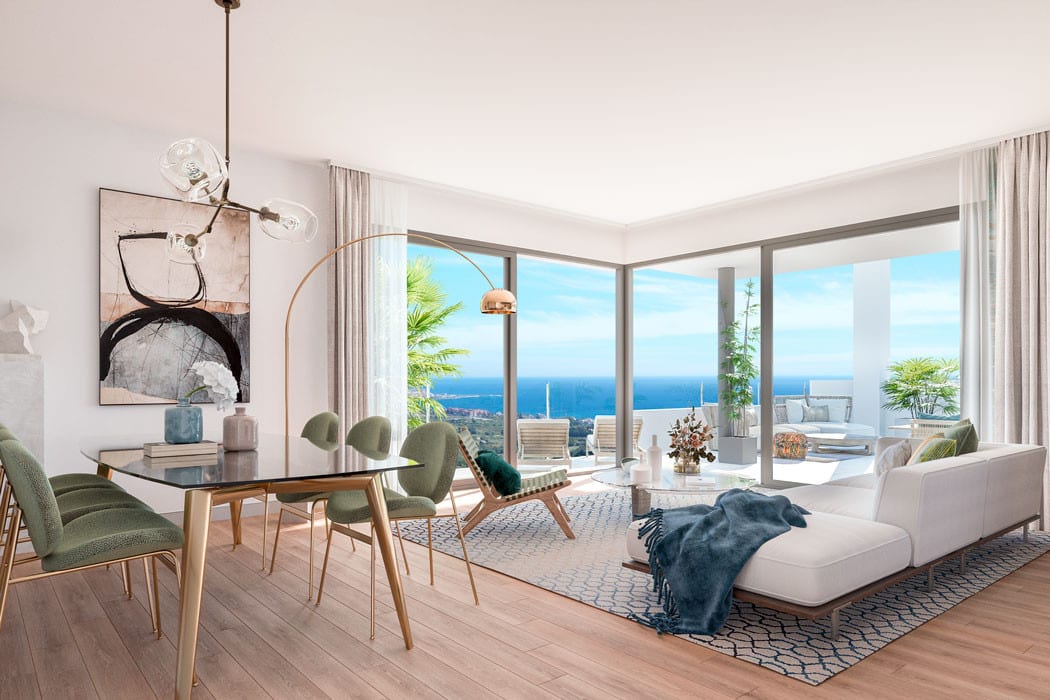 Project visualisation of the living and dining area at LAS TERRAZAS DE CORTESIN BON AIR with light wooden flooring, a dark glass dining table with green chairs, a white sofa and large sliding doors opening onto the terrace.
