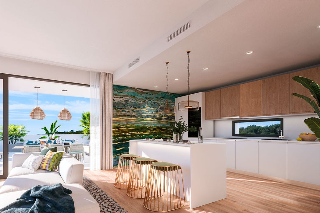 Project visualisation of the open-plan kitchen and living room at LAS TERRAZAS DE CORTESIN BON AIR with wooden cabinets, a white kitchen island with bar stools, a decorative stone-effect feature wall in green and gold tones, and terrace doors.