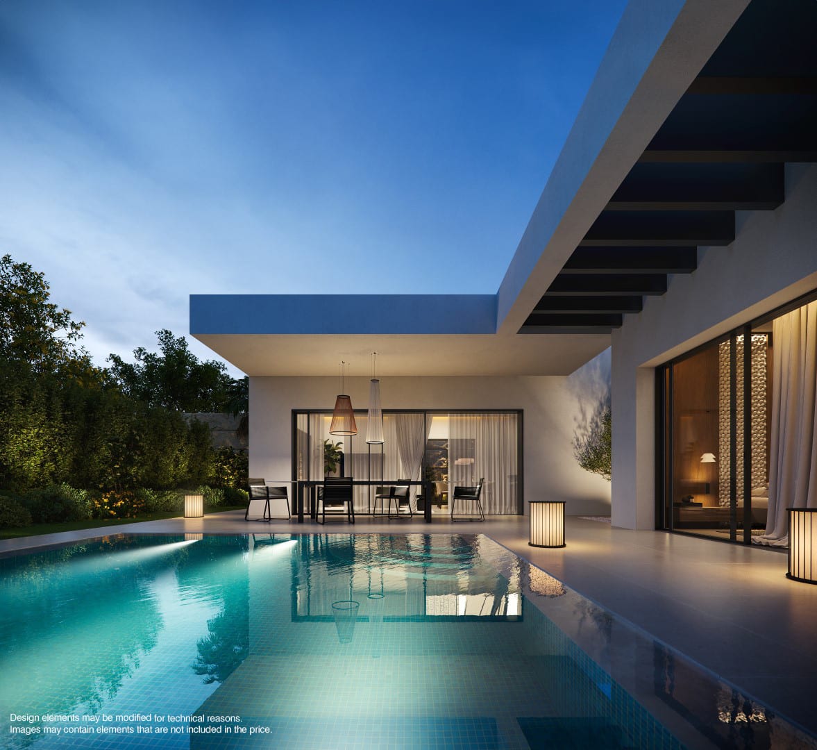 Project visualisation of LIMITLESS RESORTS - MIJAS HILLS at dusk, with an illuminated swimming pool, dining table on the terrace, pendant lamps and a white façade with dark ceiling beams.