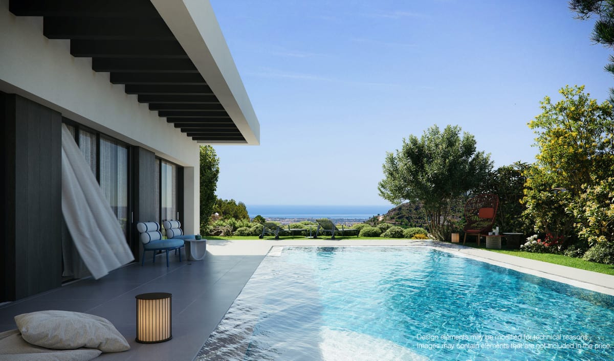 Project visualisation of LIMITLESS RESORTS - MIJAS HILLS with a swimming pool, covered terrace with dark ceiling slats, blue lounge chairs, garden and a distant sea and landscape horizon.