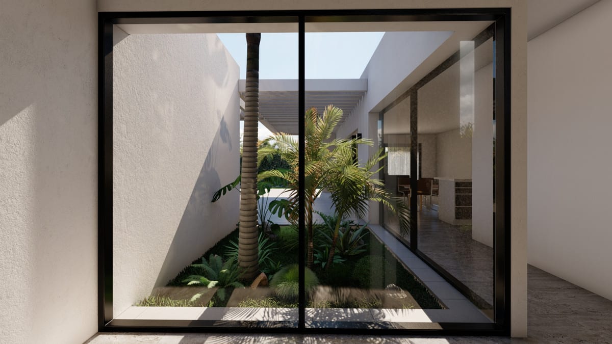 Project visualisation of LIMITLESS RESORTS - MIJAS HILLS with an inner courtyard full of palms and tropical plants, framed by black glass sliding doors and white walls.