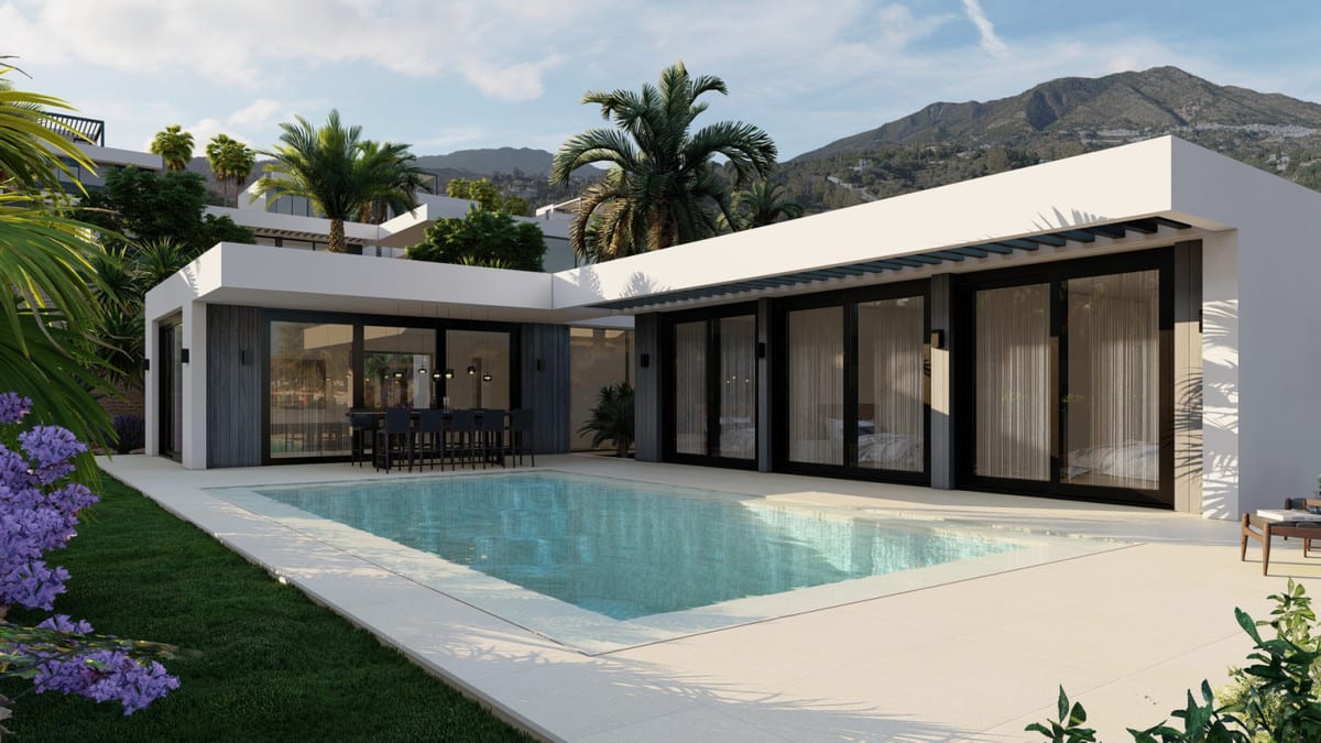 Project visualisation of LIMITLESS RESORTS - MIJAS HILLS with a rectangular swimming pool, light-coloured terrace, black window frames, palms and a mountain ridge in the background.