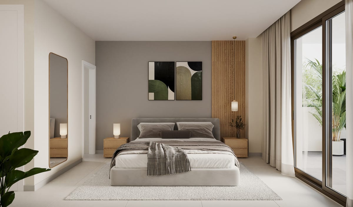 Interior project visualisation of a bedroom at LOOA ESTEPONA with a double bed, vertical wooden slatted panel, two wooden bedside tables, a rug, a wall-mounted mirror and a glass sliding door.