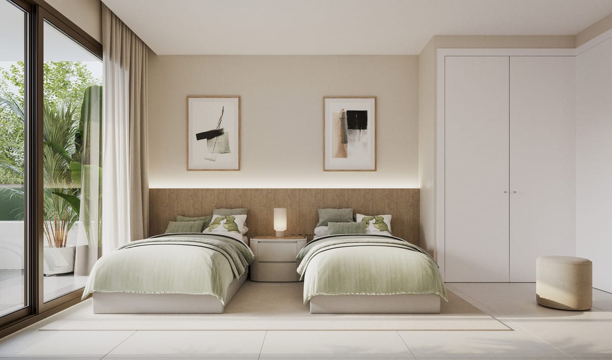 Interior project visualisation of a bedroom at LOOA ESTEPONA with two single beds with green bedding, a horizontal wooden headboard panel with indirect LED lighting, a shared bedside table, a white wardrobe and a glass sliding door.