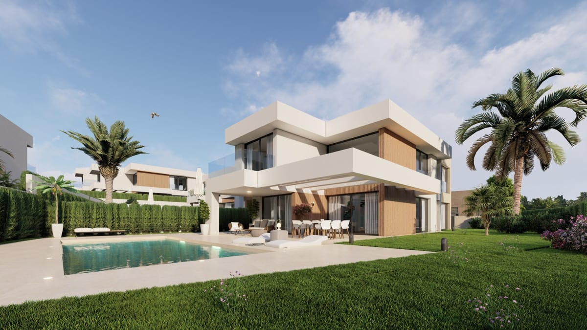 Rendered project visualisation of LOS HIDALGOS DE LA DUQUESA featuring a cream-white building, prominent wooden façade strips, glass balustrade on the upper floor, covered terrace with dining and seating areas, swimming pool and large lawn with palm trees.