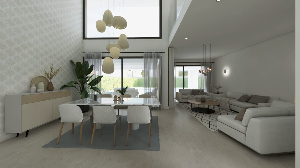 Rendered interior visualisation of LOS HIDALGOS DE LA DUQUESA featuring a white dining table, white chairs with wooden legs, globe pendant lights, a high window frame above the dining area, a light sitting area with sofa and round coffee table, and sliding doors opening onto the garden.
