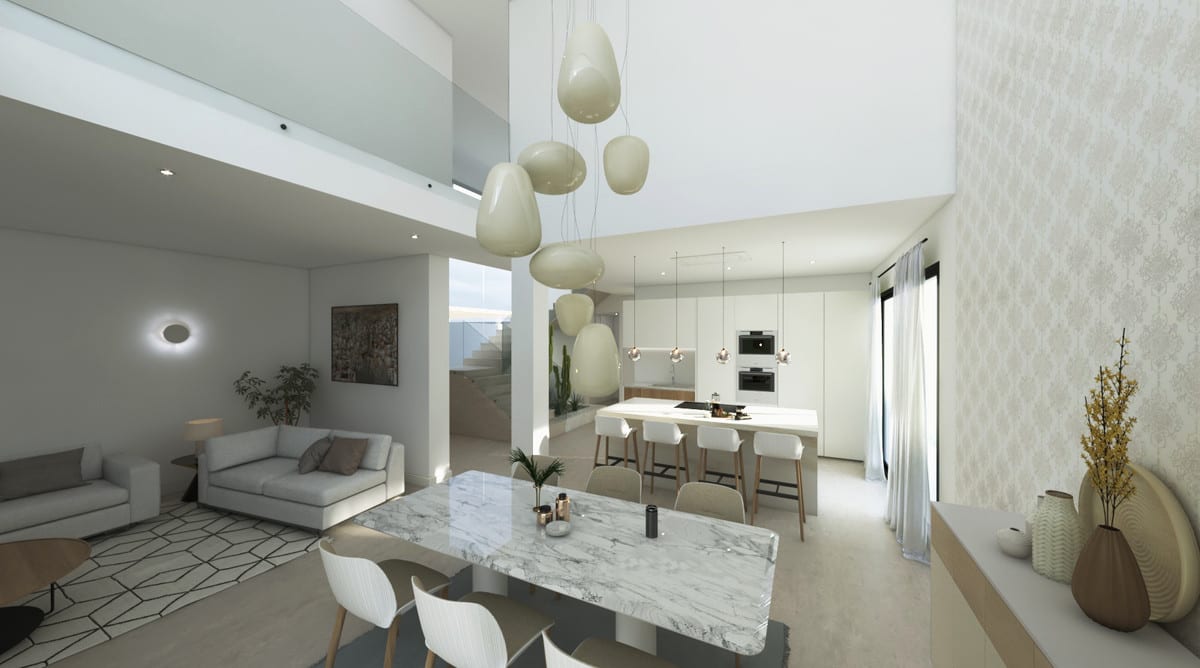 Rendered interior visualisation of LOS HIDALGOS DE LA DUQUESA featuring a marble dining table, white chairs, globe pendant lights, a light sitting area with sofa, white kitchen with island and bar stools, and integrated appliances.