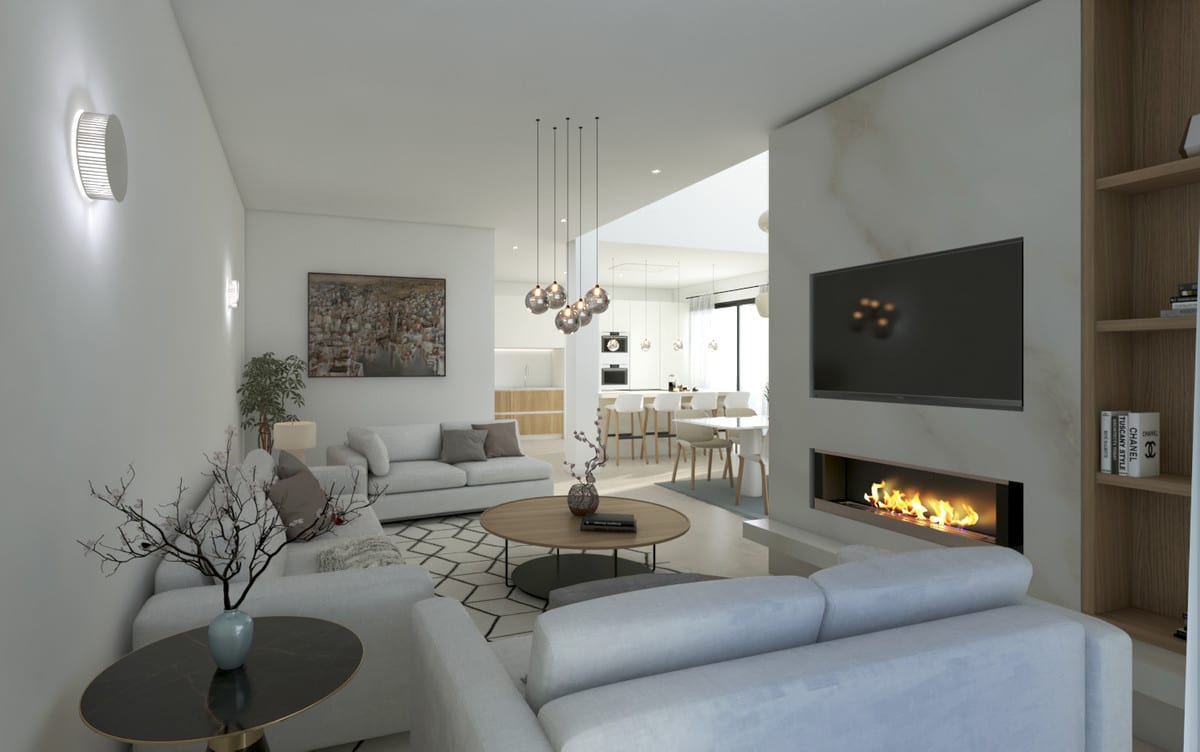 Rendered interior visualisation of LOS HIDALGOS DE LA DUQUESA featuring two light-grey sofas, a round wooden coffee table, wall-mounted fireplace with visible flame, wall-mounted television above the fireplace, built-in wooden bookcase and a view through to the kitchen.