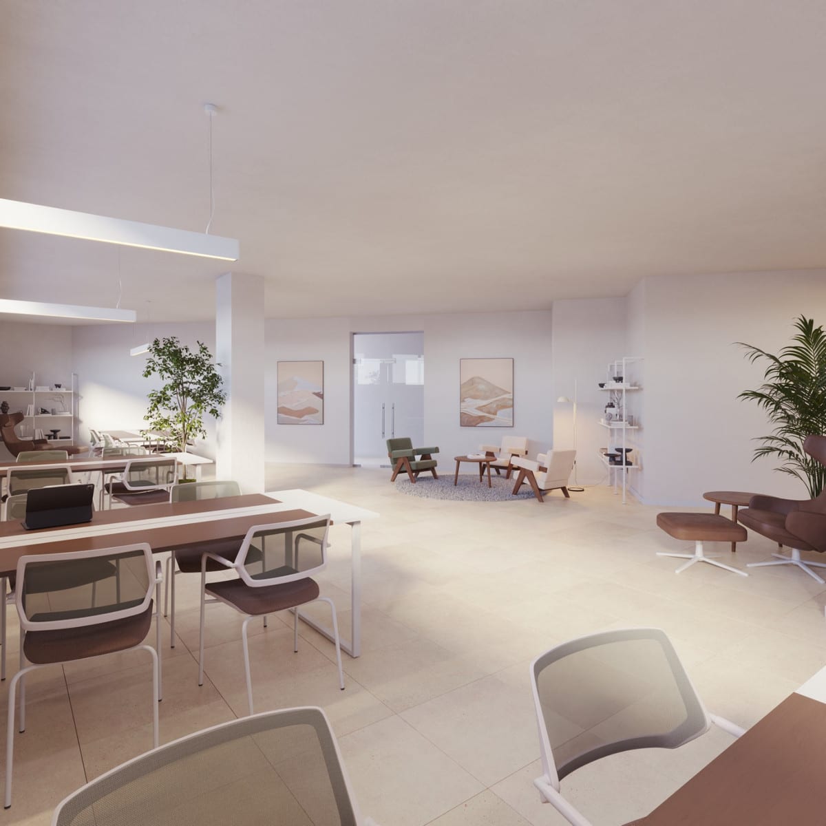 Project visualisation of LUMINAL HOMES featuring a spacious, bright indoor area with long worktables, office chairs, armchairs in a seating area, white wall shelving and large houseplants.