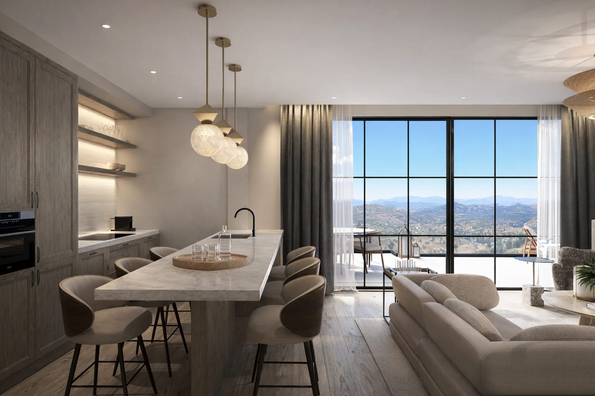 Project visualisation of LUNA NOVA RESIDENCES featuring a kitchen with grey wood cabinets, a marble-look kitchen island with black tap and bar stools, and large black steel sliding doors leading to a terrace.