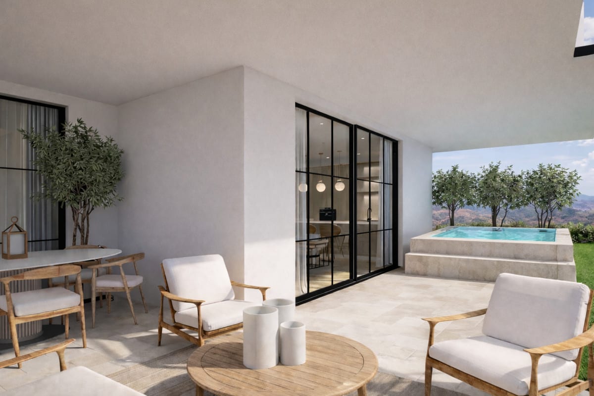 Project visualisation of LUNA NOVA RESIDENCES featuring a terrace with wooden armchairs, a round wooden table, black steel-framed glazing and a small rectangular pool on a raised level.