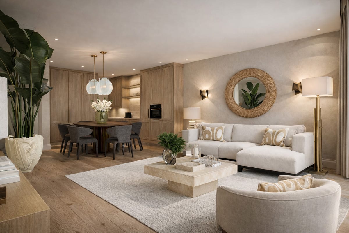 Project visualisation of the living area at LUNA NOVA RESIDENCES with a light sectional sofa, travertine-look coffee table, timber flooring, round dining table with chairs and a timber kitchen wall in the background.