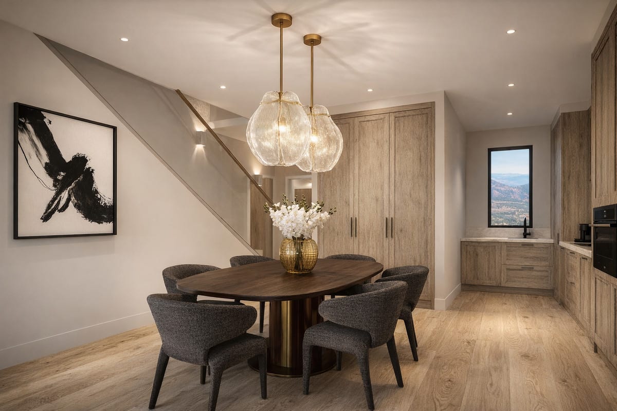 Project visualisation of the dining area and kitchen at LUNA NOVA RESIDENCES with a dark oval table, six upholstered chairs, two glass pendant lights, timber cabinets and a staircase with a metal balustrade.