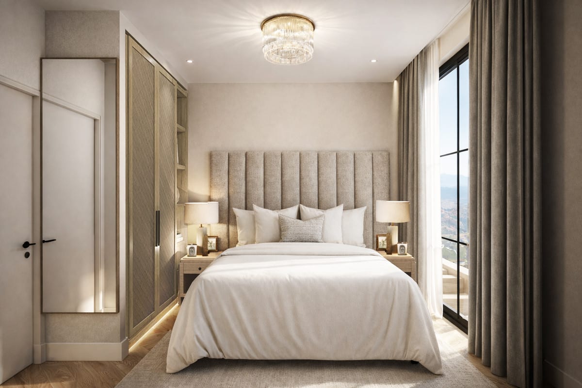 Project visualisation of a bedroom at LUNA NOVA RESIDENCES with a tall upholstered headboard, double bed, built-in sliding wardrobe, two bedside tables and a tall window with heavy curtains.